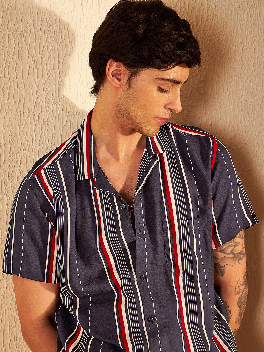 DENNISON Smart Vertical Stripeed Cuban Collar Oversized Casual Shirt
