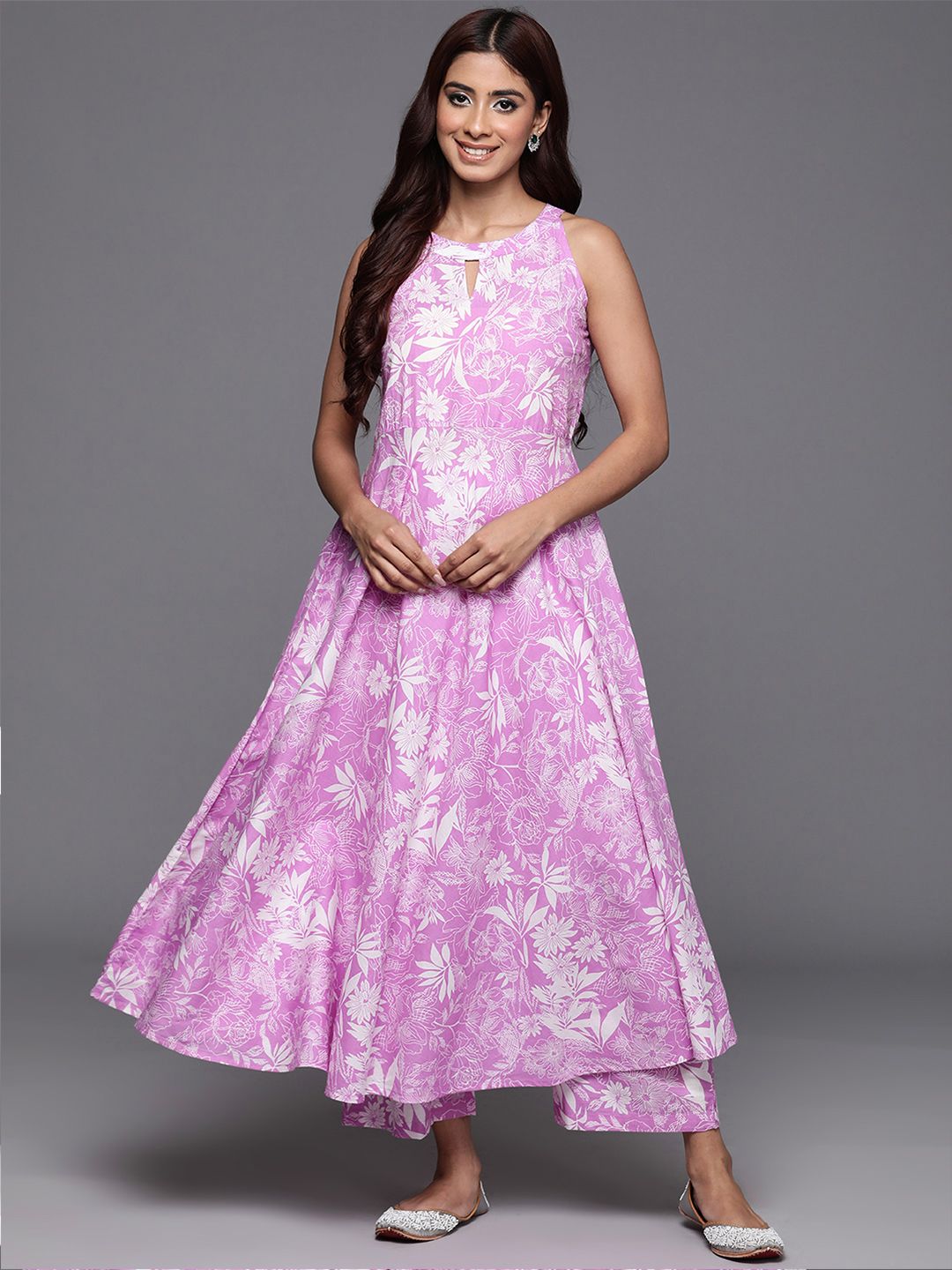 Varanga Floral Printed Keyhole Neck Pure Cotton Anarkali Kurta with Palazzos