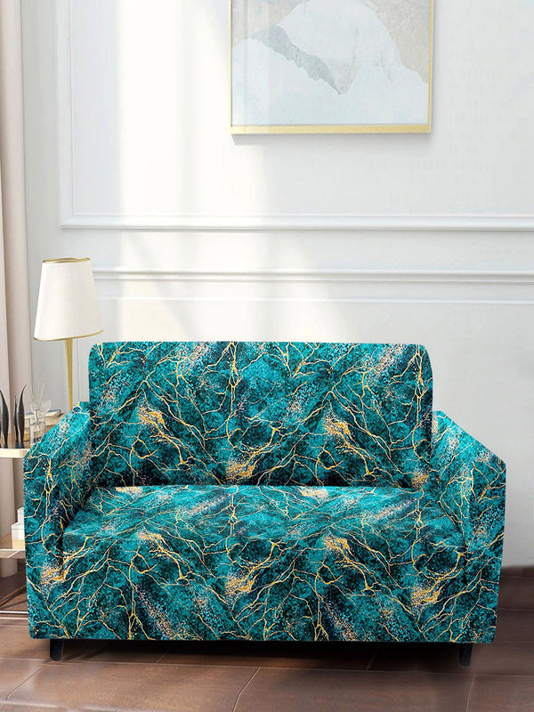 Cortina Teal Green Printed Polyester 4 Seater Stretchable Non-Slip Sofa Cover