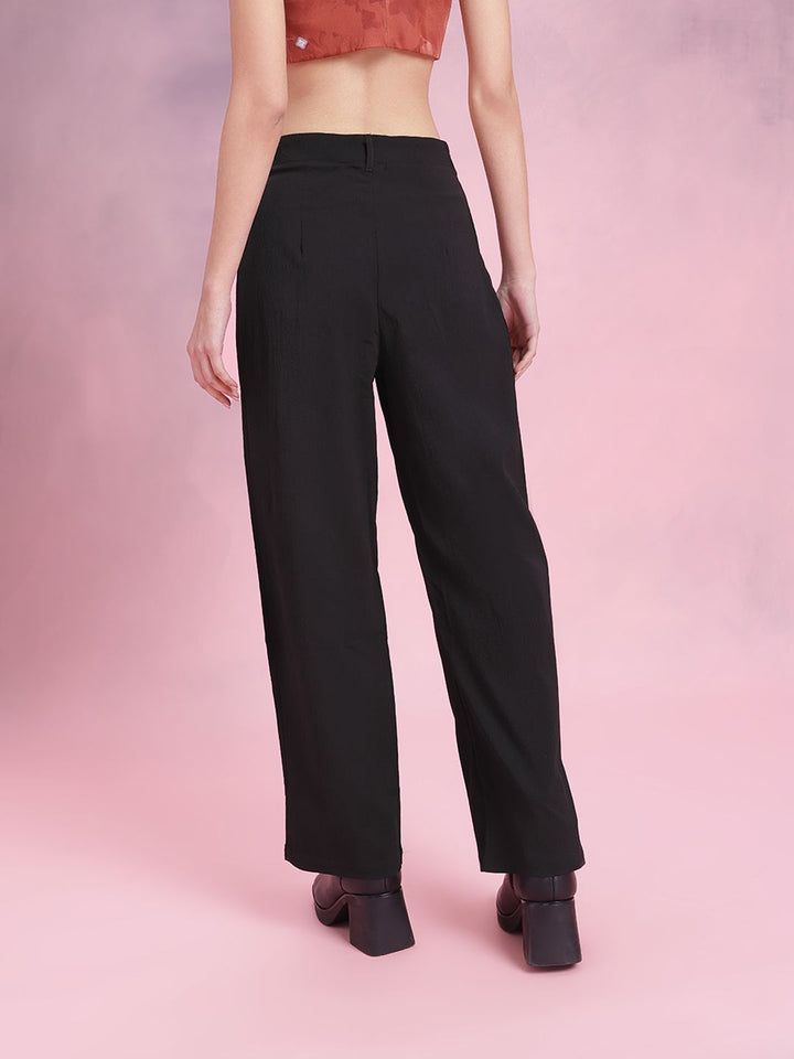 DressBerry Women Classic Cuts Textured Pleated Asymmetric Waist Trousers