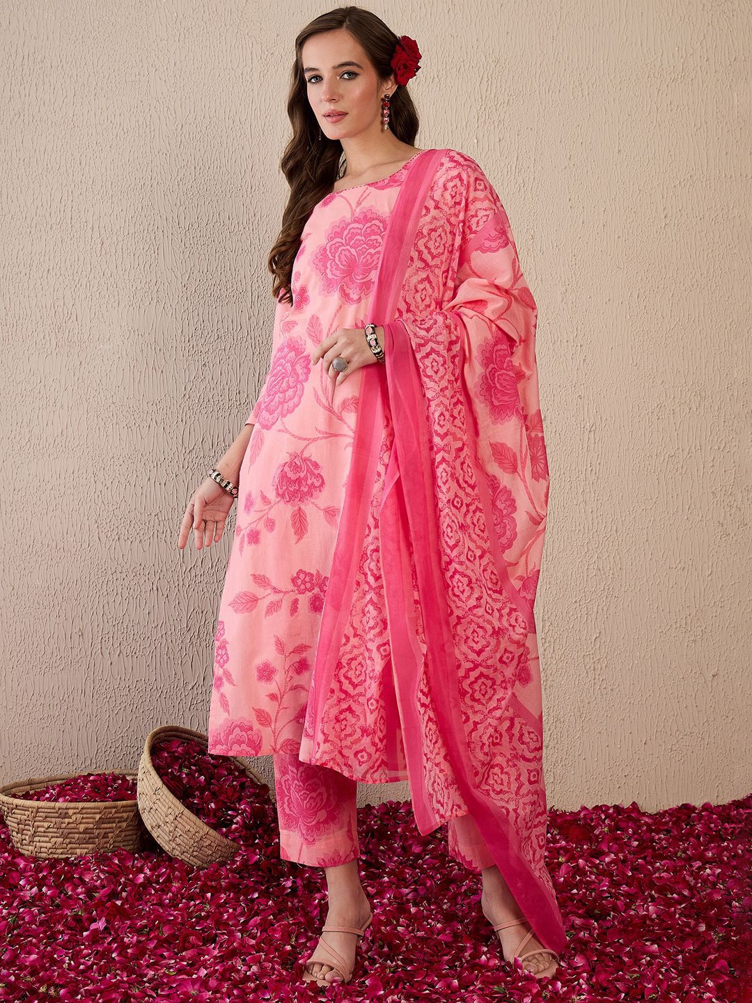Indo Era Women Floral Printed Regular Pure Cotton Kurta with Trousers & With Dupatta
