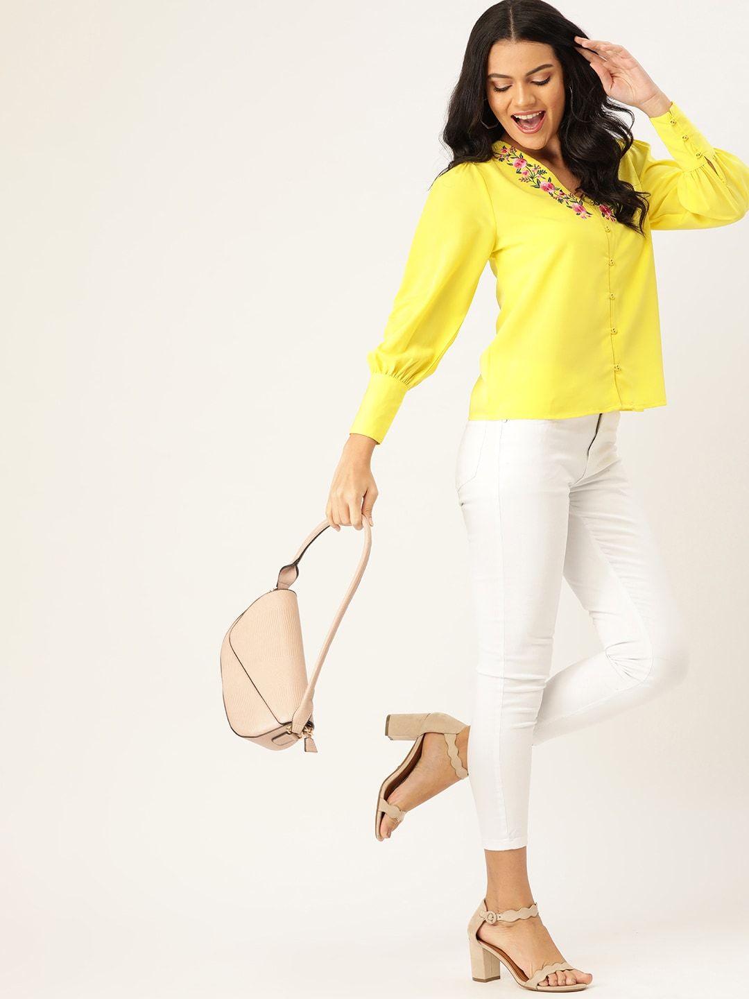 DressBerry Yellow Embroidered Detail Regular Top