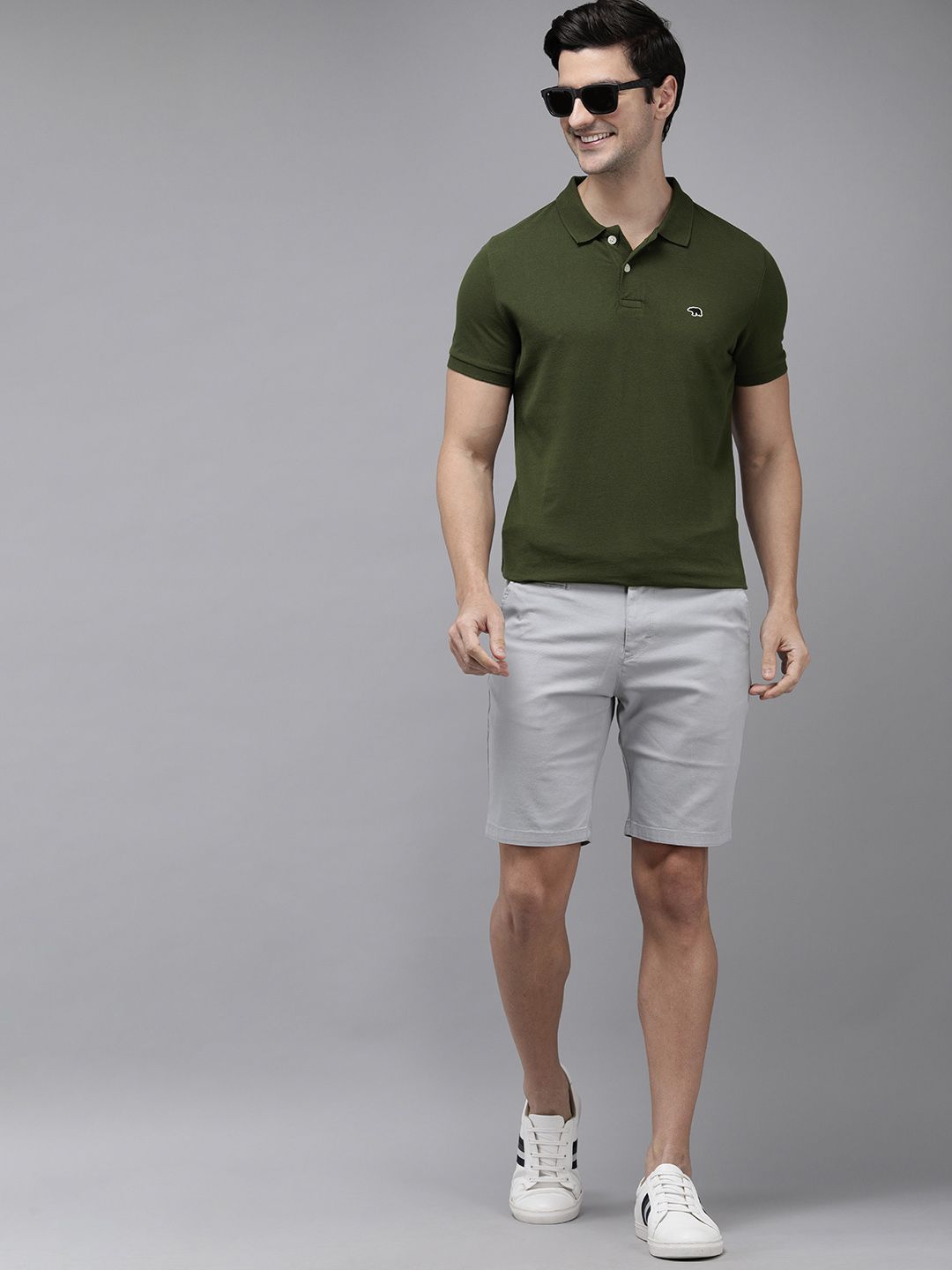 THE BEAR HOUSE Men Green Solid Overdyed Polo Collar Slim Fit Pure Cotton T-shirt
