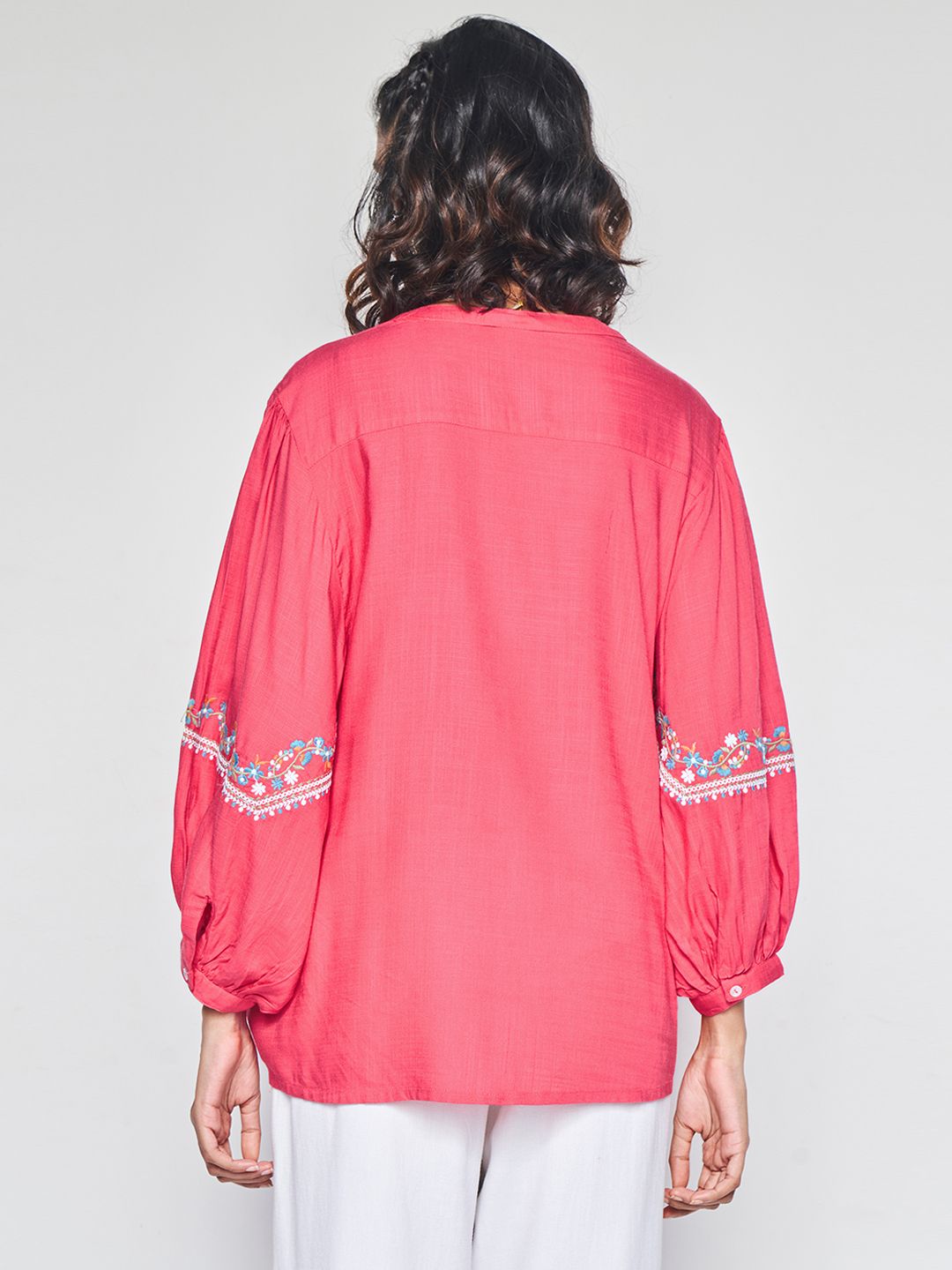 Global Desi Floral Embroidered Mandarin Collar Shirt Style Top