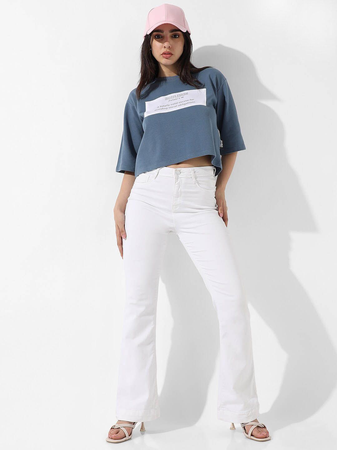 Campus Sutra Blue Typography Print Cotton Crop T-shirt
