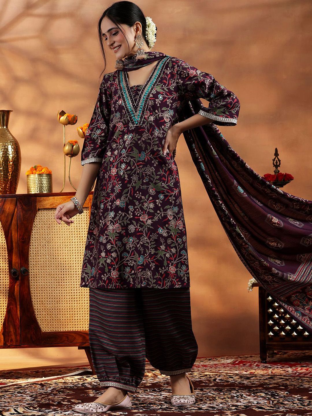Libas Women Floral Printed Regular Mirror Work Kurta with Salwar & With Dupatta