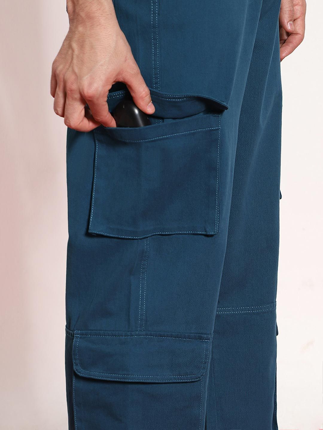 Urbano Fashion Men Denim Blue Stretchable Loose Fit Cargo Chino Pant with 8 Pockets