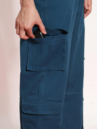 Urbano Fashion Men Denim Blue Stretchable Loose Fit Cargo Chino Pant with 8 Pockets