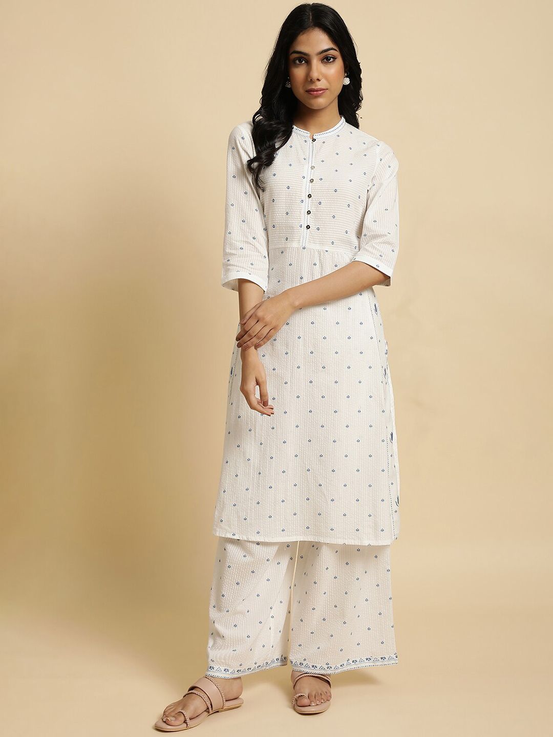 W Floral Print Cotton Kurta Set With Palazzos