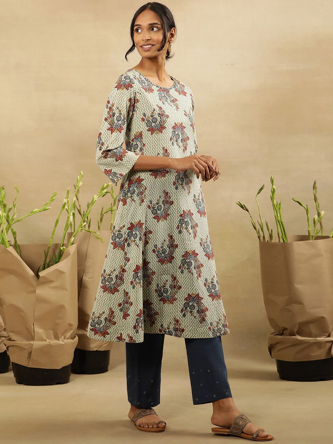 W Floral Printed Gotta Patti Cotton A-Line Kurta