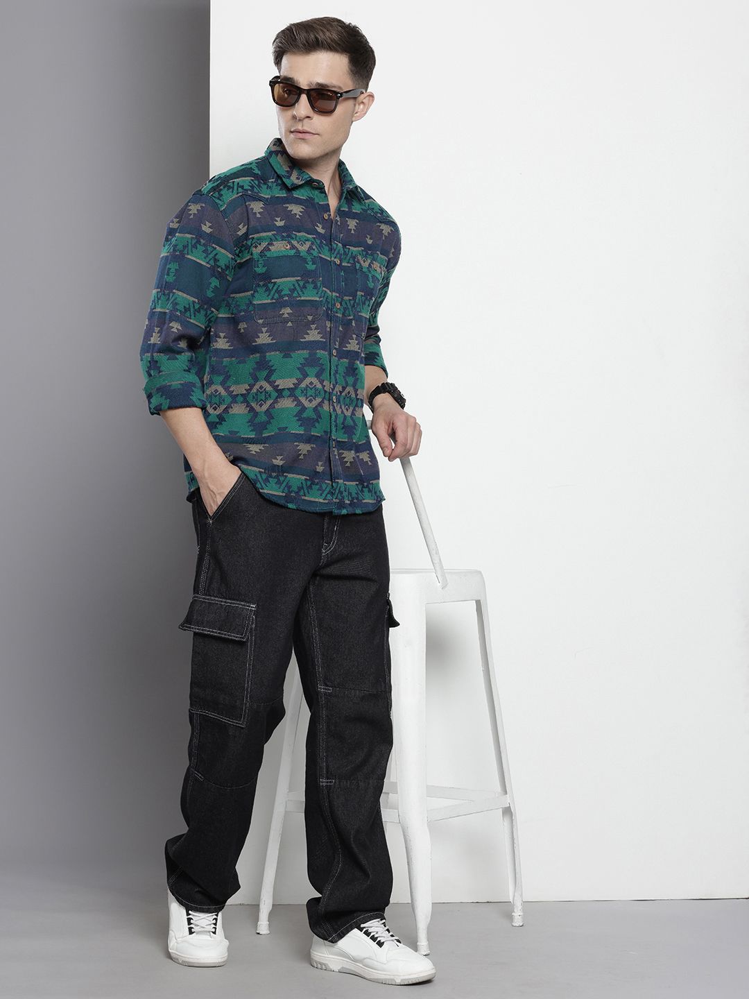 The Indian Garage Co Self Design Geometric Jacquard Relaxed Fit Shirt
