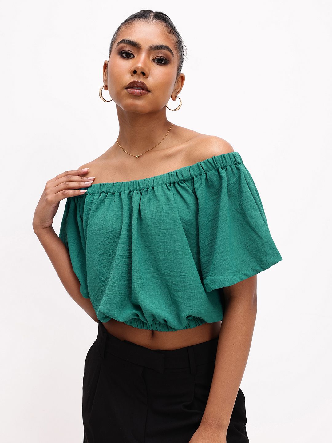 DressBerry Refreshing Green Off-Shoulder Gathered Crop Top
