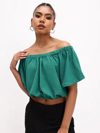 DressBerry Refreshing Green Off-Shoulder Gathered Crop Top