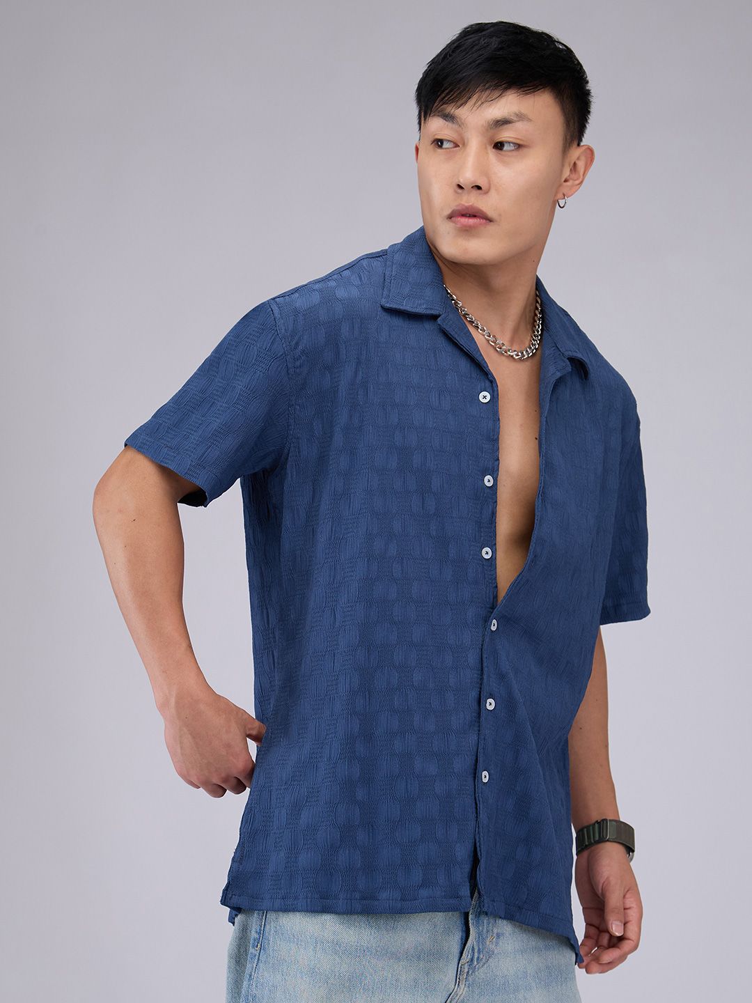 VASTRADO Men Classic Cuban Collar Textured Oversized Casual Shirt