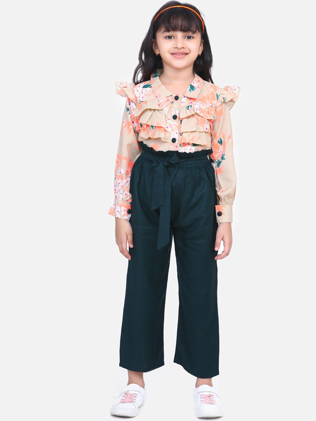 Cutiekins Girls Beige & Green Printed Top with Palazzos