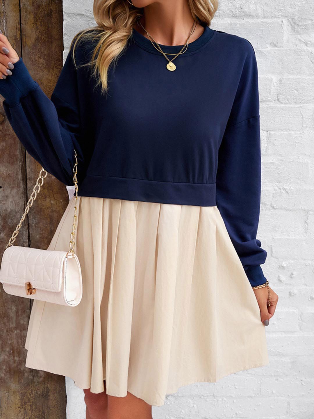 all about you Navy Blue Round Neck Flared Cotton Fit & Flare Dress
