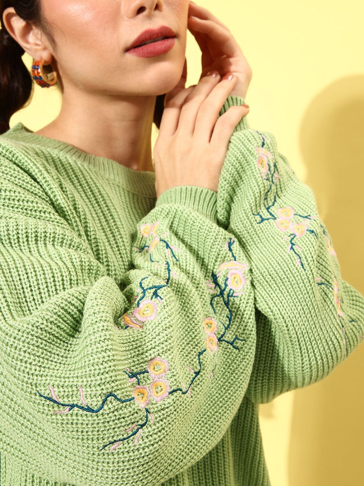 DressBerry Round Neck Pullover With Floral Embroidered Detail On Sleeves