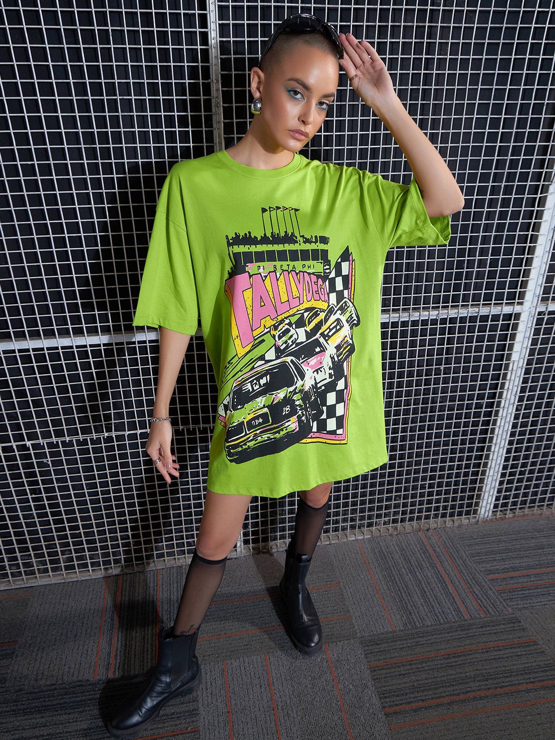 SASSAFRAS Green Graphic Printed Pure Cotton Oversized T-Shirt Dress