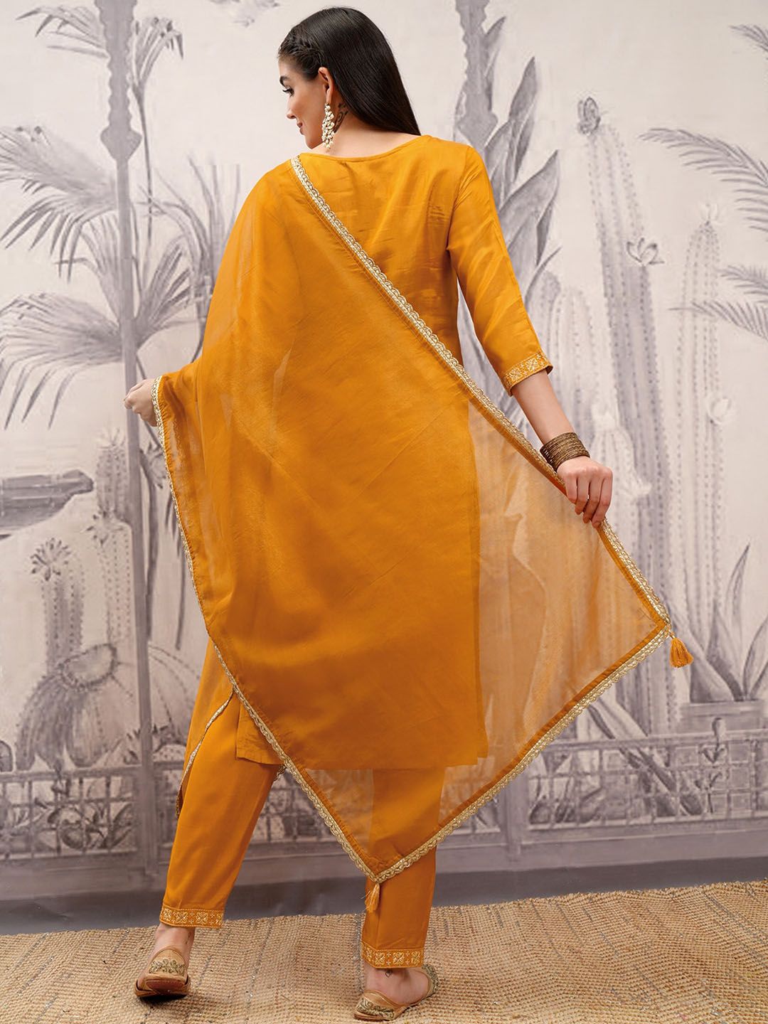 Vishudh Ethnic Motifs Embroidered Straight Kurta & Trousers With Dupatta