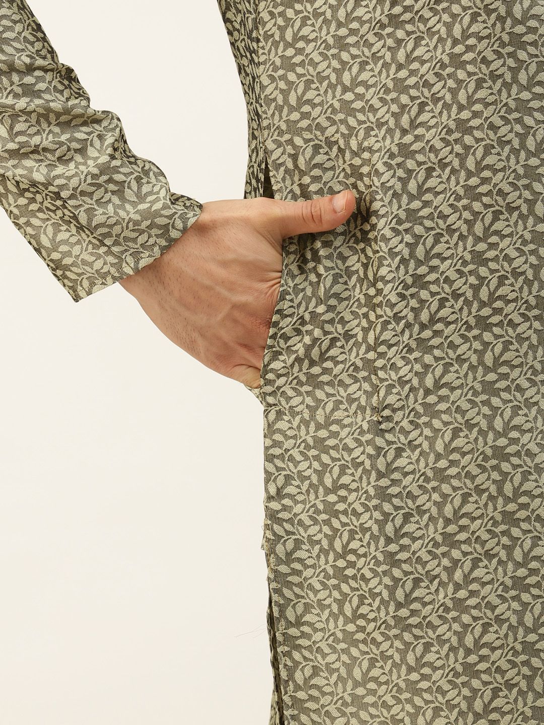 SOJANYA Men Green & Beige Ethnic Motifs Woven Design Kurta with Churidar & Nehru Jacket