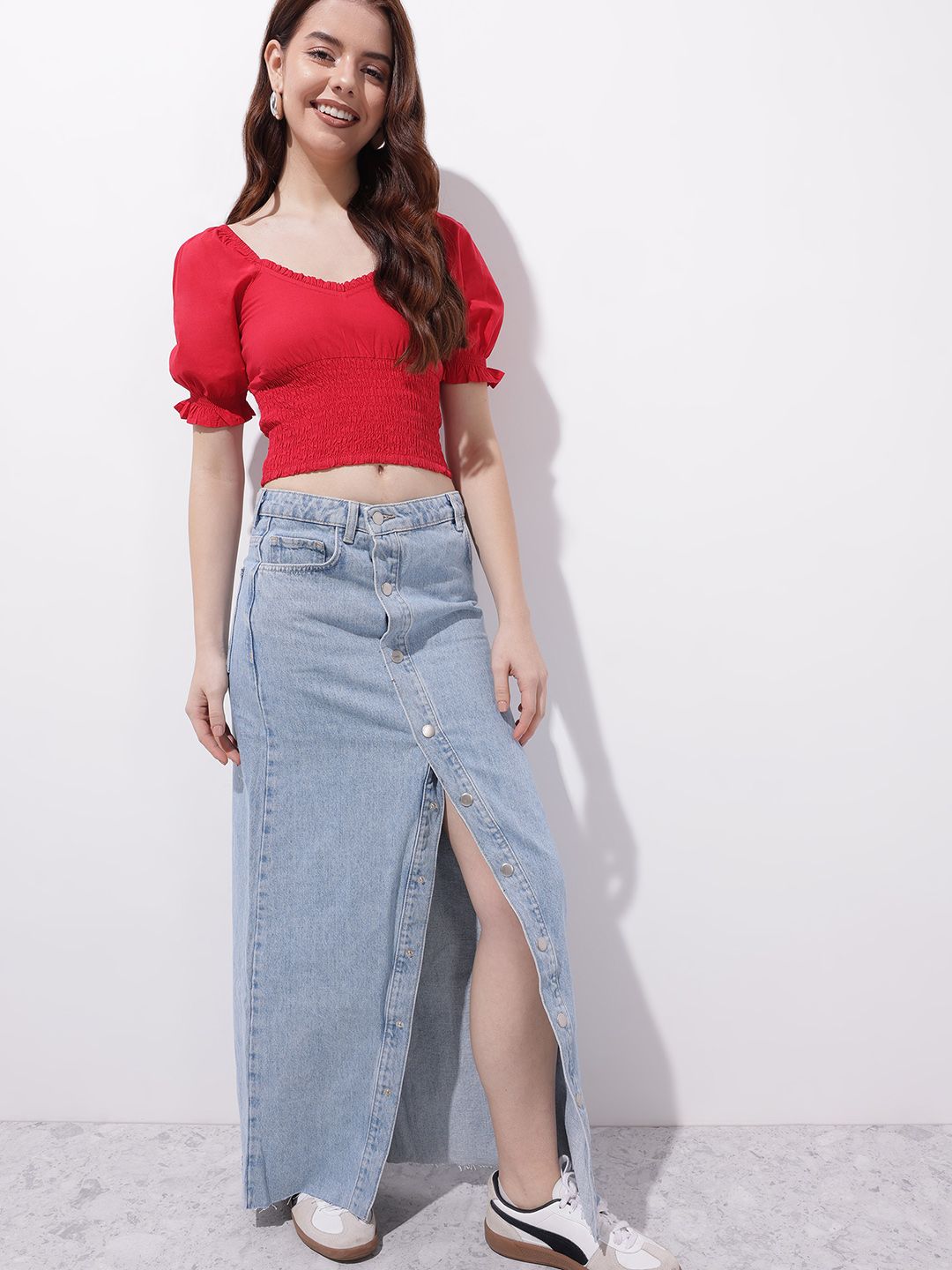 DressBerry Cherry Red Date Night Diva Smocked Crop Top