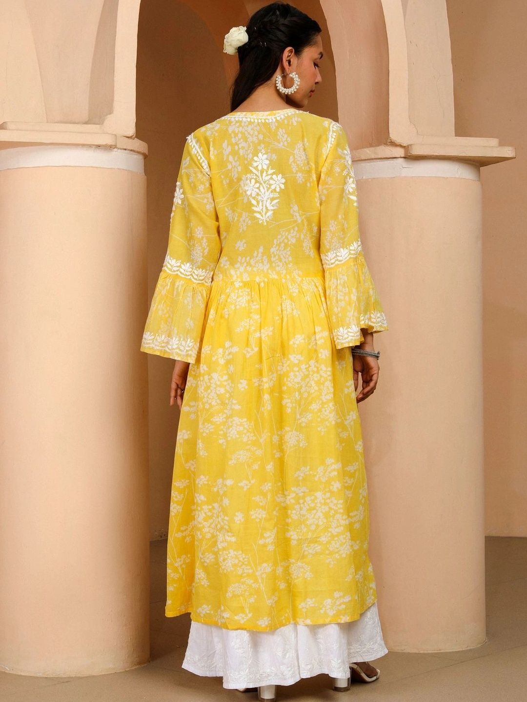 House of Chikankari Women Floral Embroidered Flared Sleeves Chikankari Indie Florals Kurta