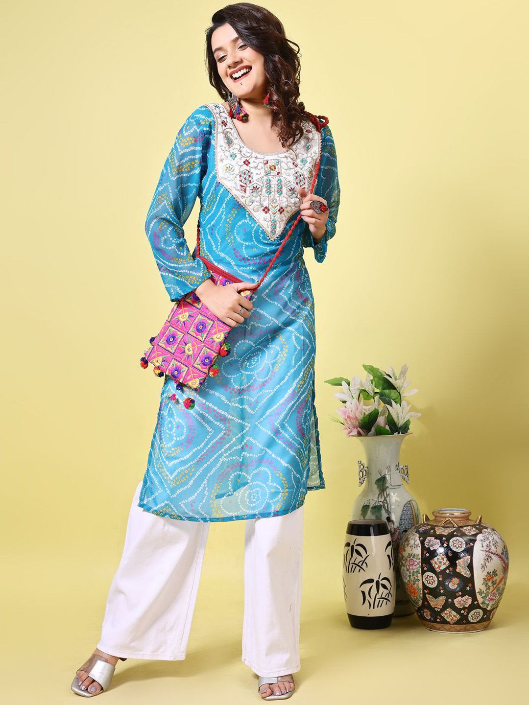KALINI Bandhani Printed Round Neck Gotta Patti Georgette Straight Kurta