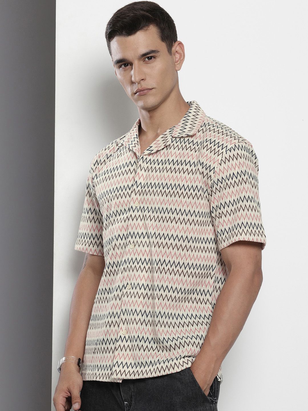 The Indian Garage Co Men Relaxed Fit Textured Lace Crochet Resort Wear Shirt