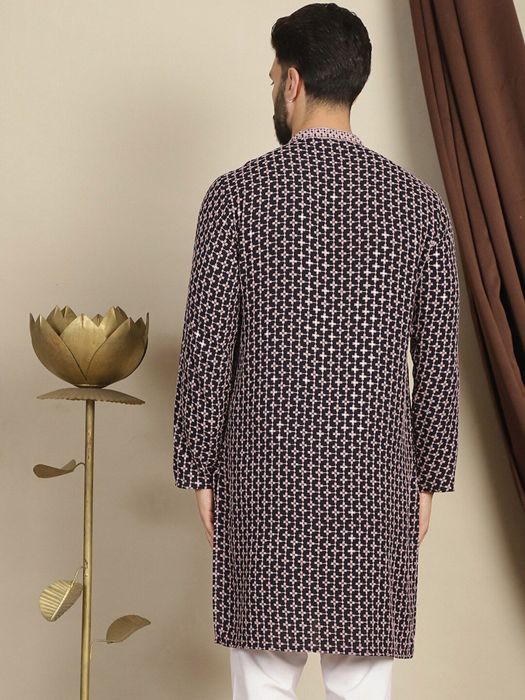 Anouk Geometric Printed Mandarin Collar Long Sleeves Thread Work Kurta