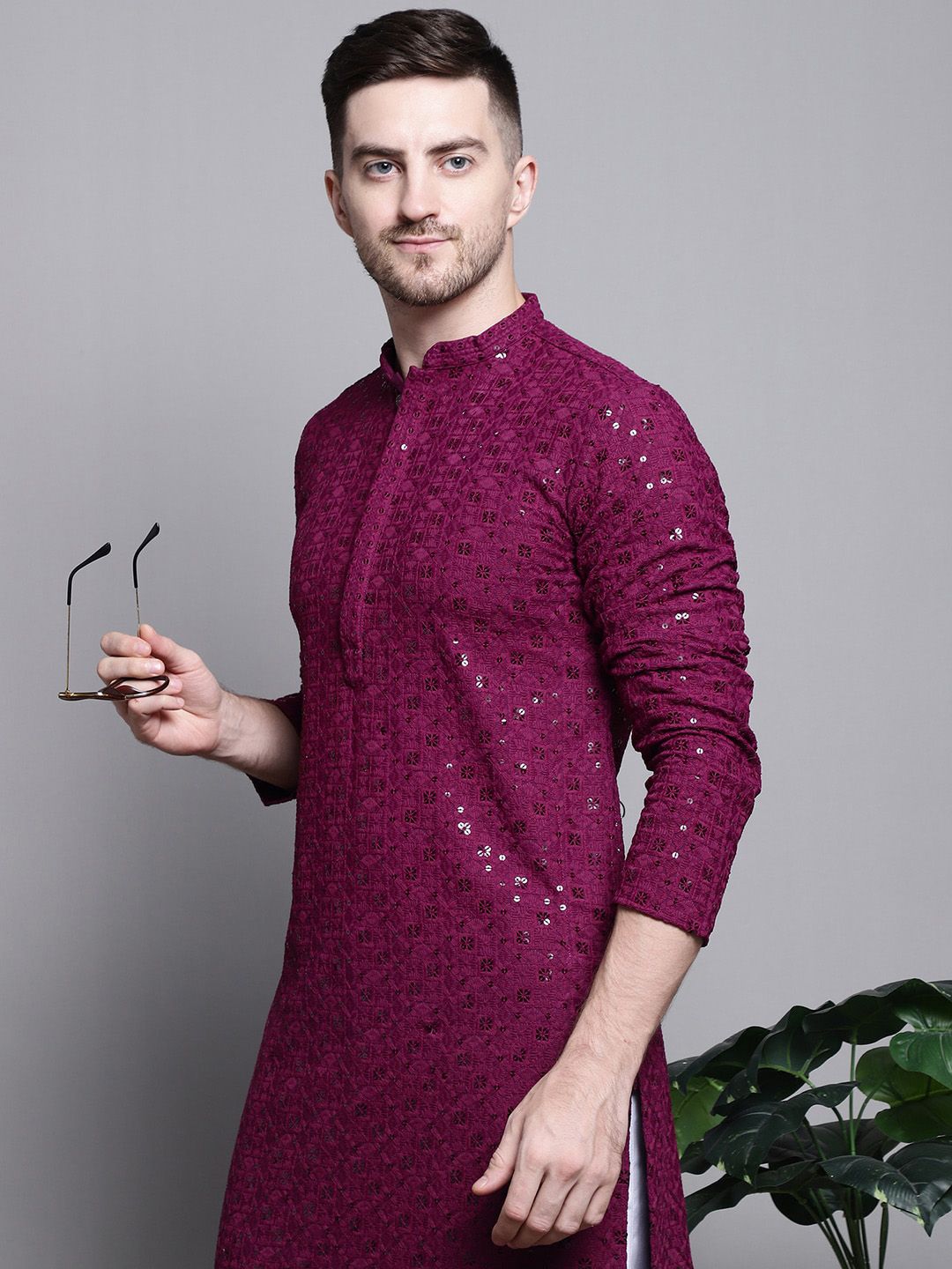 Jompers Geometric Self Design Sequinned Pure Cotton Straight Kurta With Pyjamas