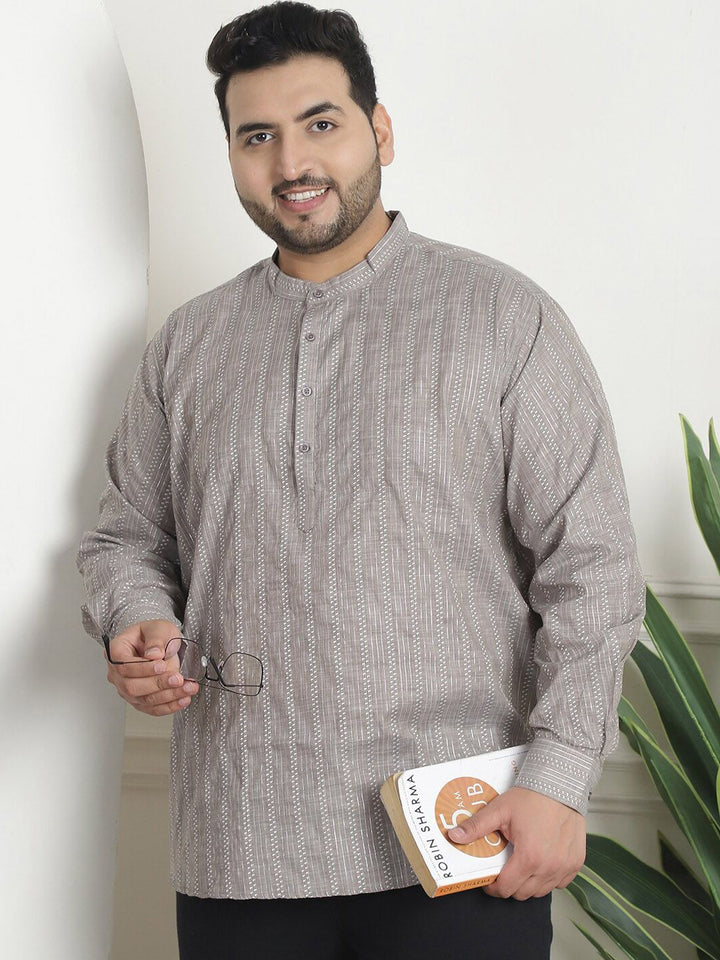 SOJANYA PLUS PLus Size Striped Woven Design Band Collar Long Sleeves Cotton Kurta