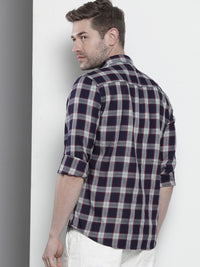 The Indian Garage Co Men Navy Blue & White Cotton Tartan Checked Casual Shirt