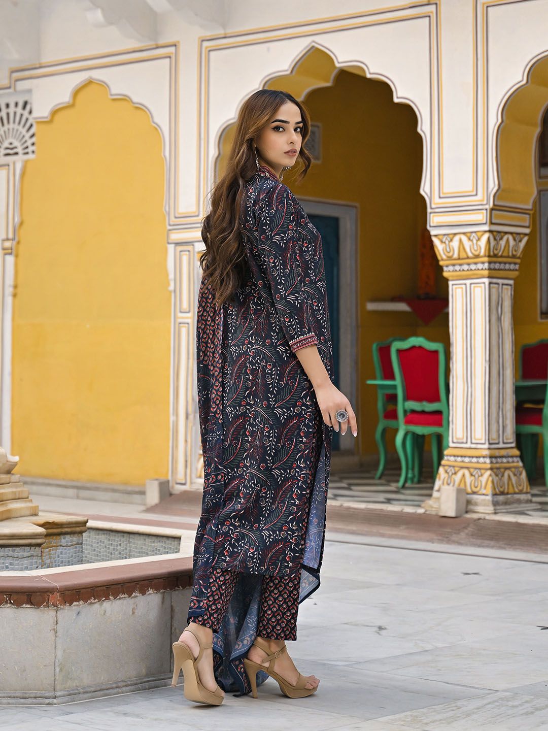 KALINI Floral Printed Pleated Straight Kurta With Trousers & Dupatta