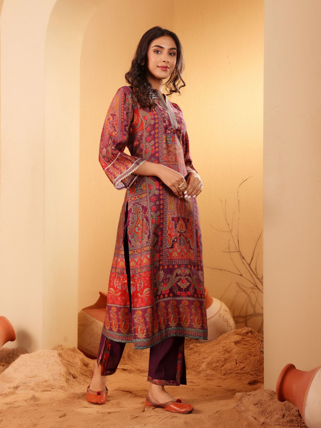 Varanga Ethnic Motifs Printed Gotta Patti Chanderi Silk Kurta With Trousers