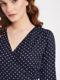 Berrylush Women Navy Blue Polka Dots Printed Crepe Wrap Dress