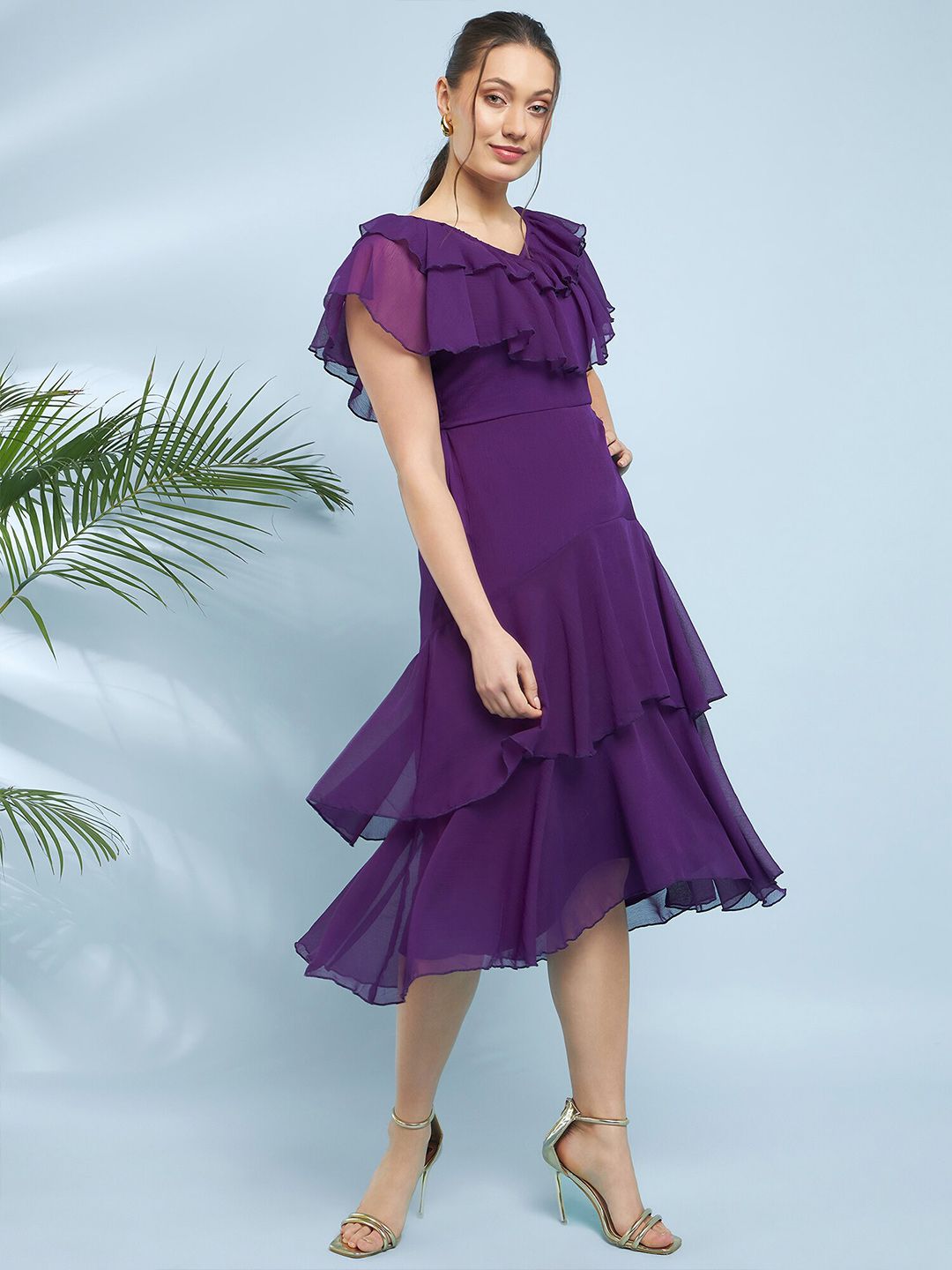 Antheaa V-Neck Flutter Sleeve Fit & Flare Midi Dress