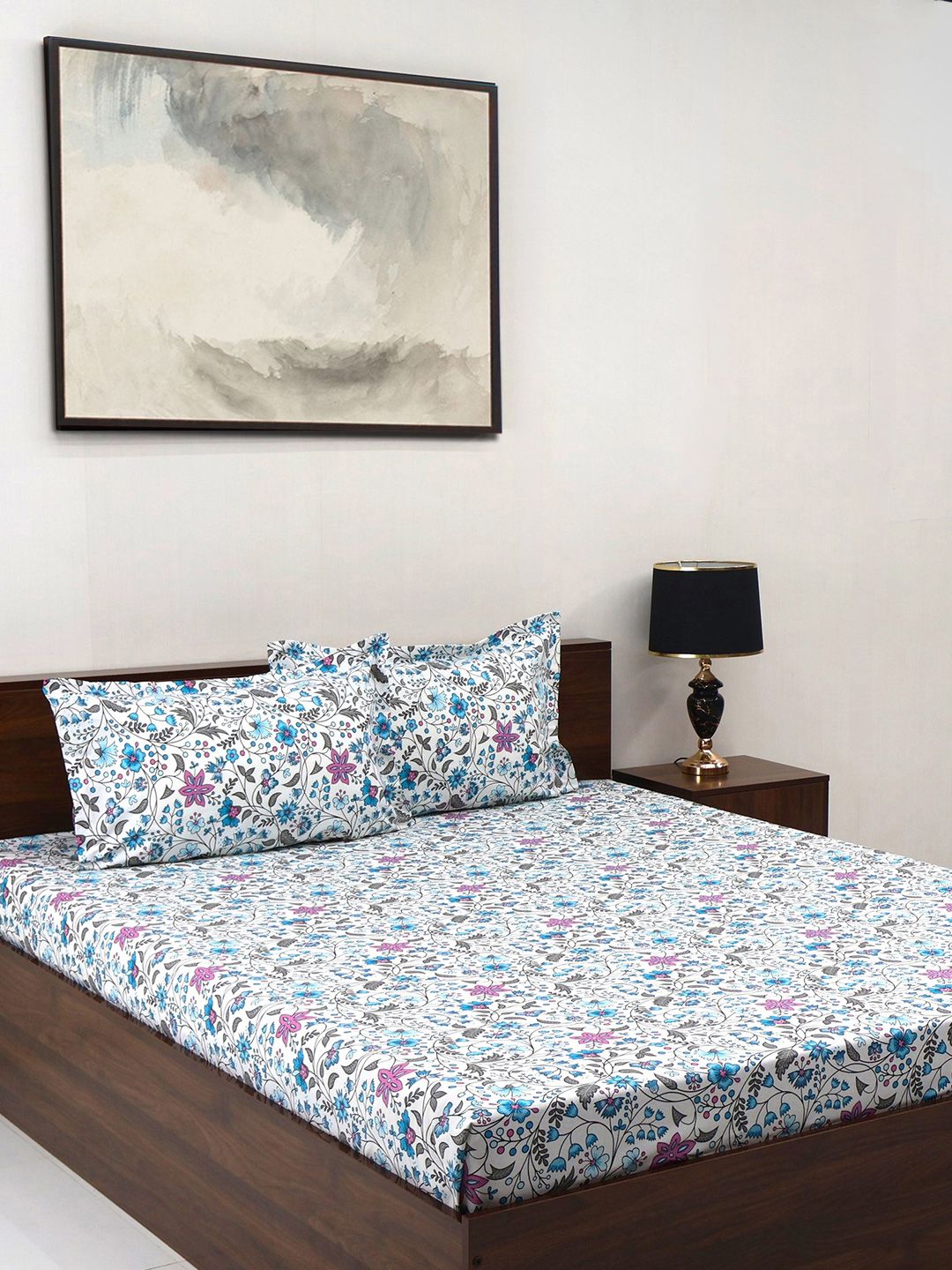 BOMBAY DYEING Cardinal Blue Floral Printed Cotton 120 TC Queen Bedsheet Set 2.54 x 2.24m