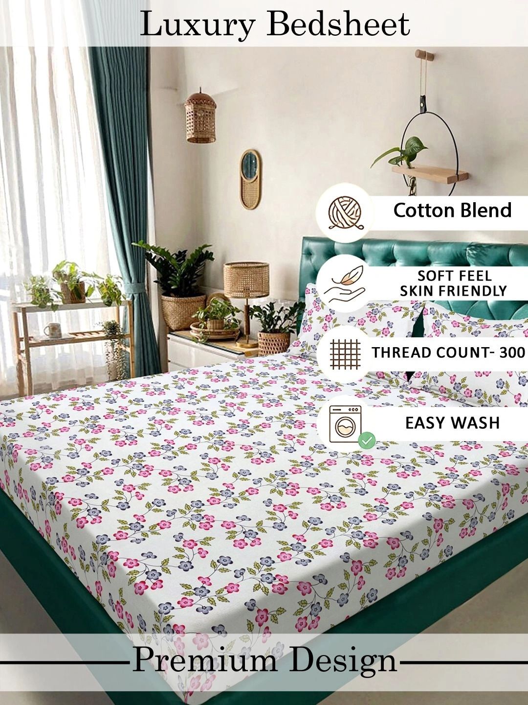 Moda Rapido X KLOTTHE Berwarna Krim & Bunga Merah Jambu Cadar King 300 TC dengan 2 Sarung Bantal