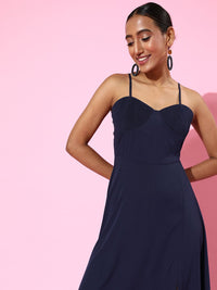 Berrylush Women Deep Navy Blue Solid Sweetheart Neck Dress