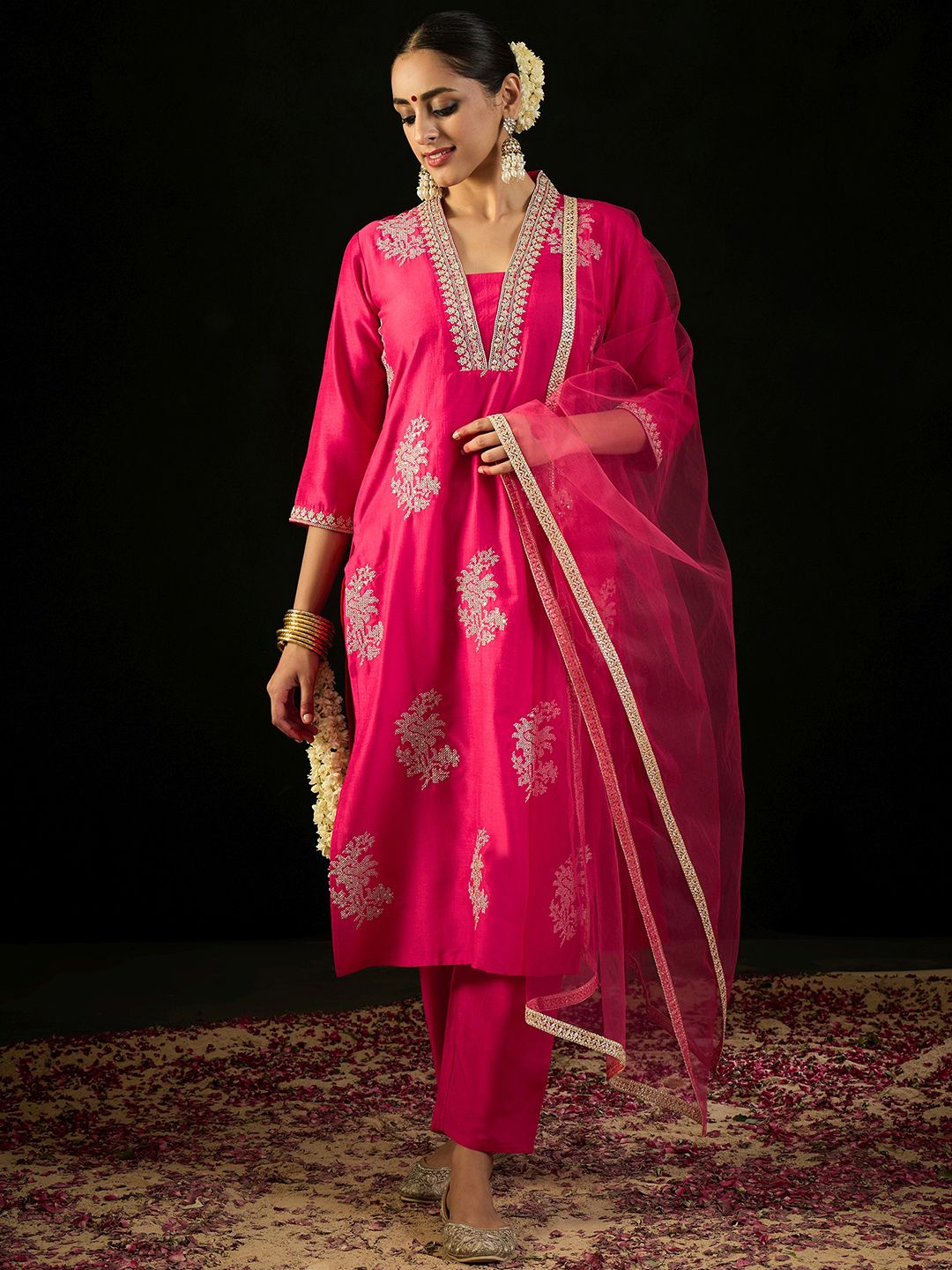 Indo Era V Neck Ethnic Motifs Embroidered Sequinned Kurta with Trouser & Dupatta