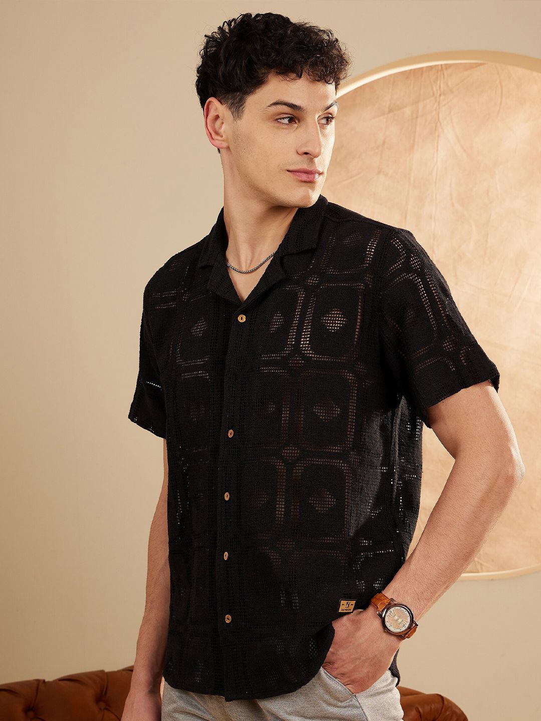 DENNISON Smart Self Designed Cuban Collar Semi Sheer Oversized Cotton Shirt