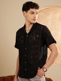 DENNISON Smart Self Designed Cuban Collar Semi Sheer Oversized Cotton Shirt