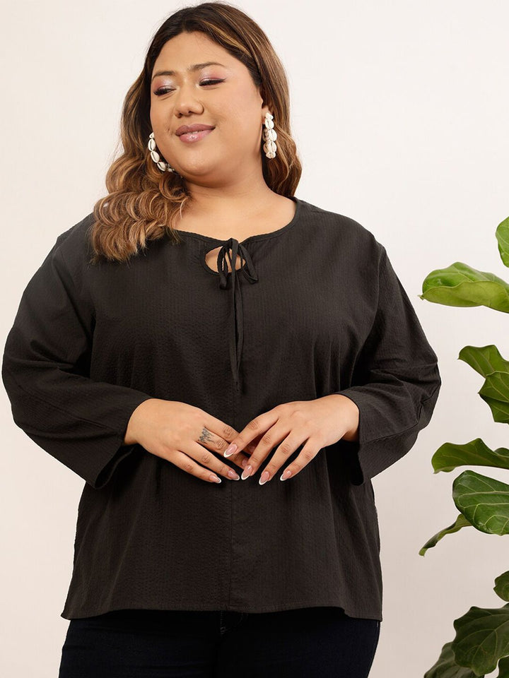 CURVY STREET Plus Size Black Tie-Up Neck Top