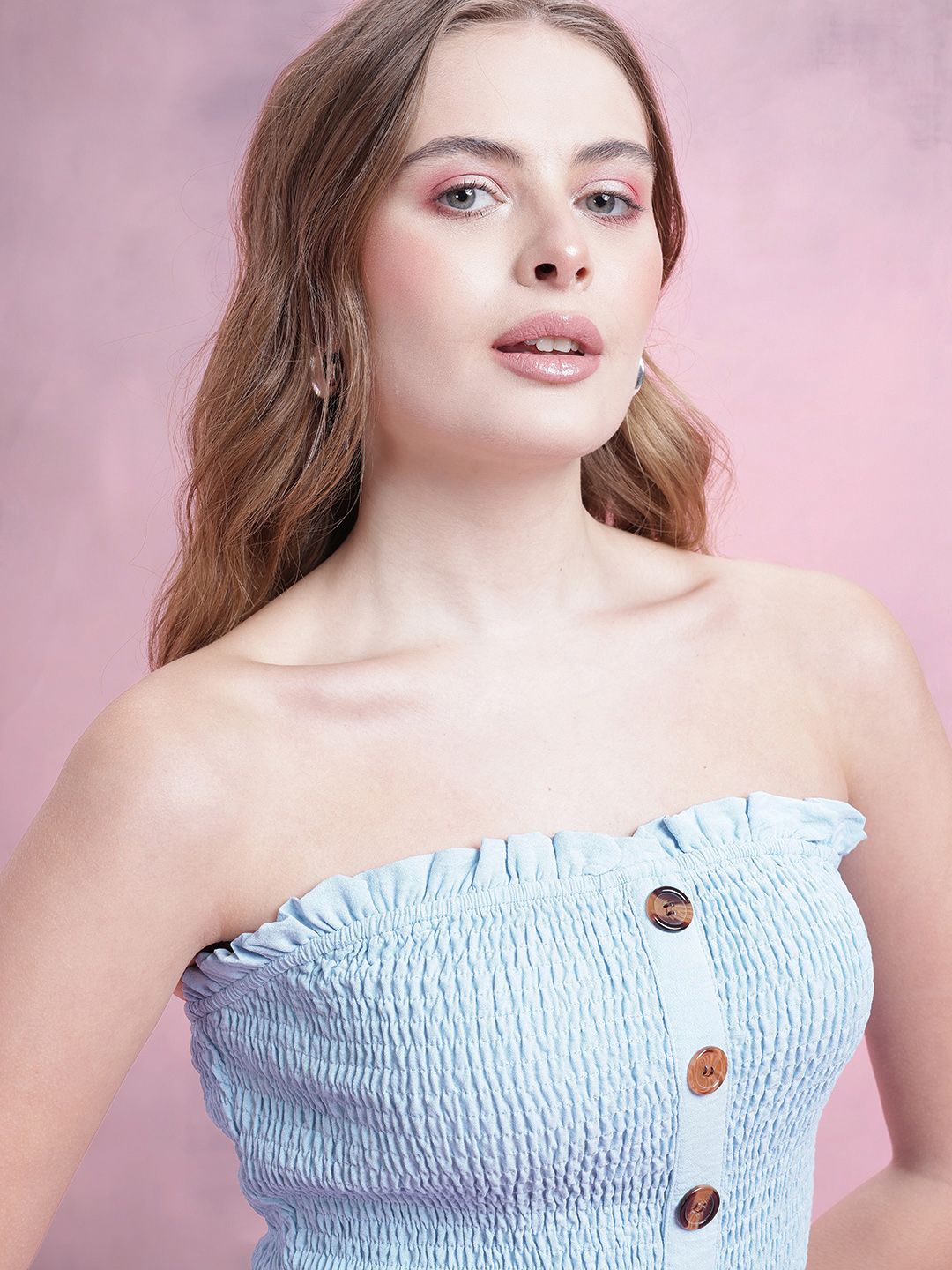 DressBerry Off-Shoulder Smock Detailed Crinkled Playsuit