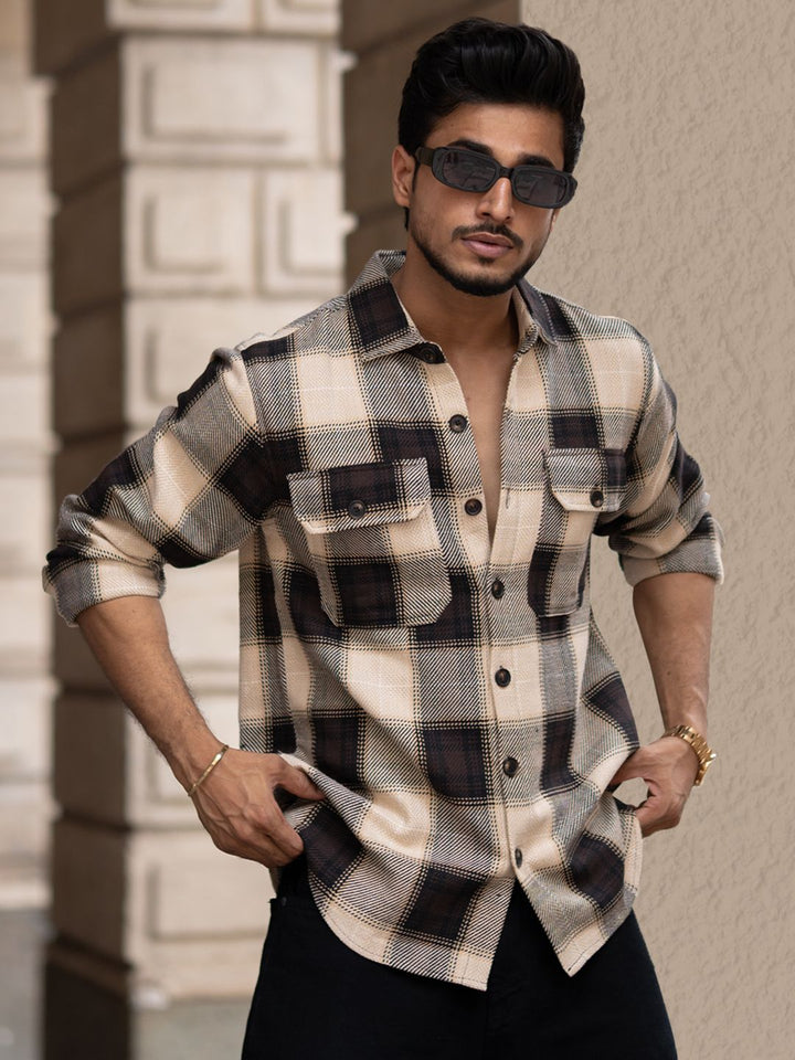 Powerlook Men Spread Collar Tartan Checked Cotton Casual Shirt
