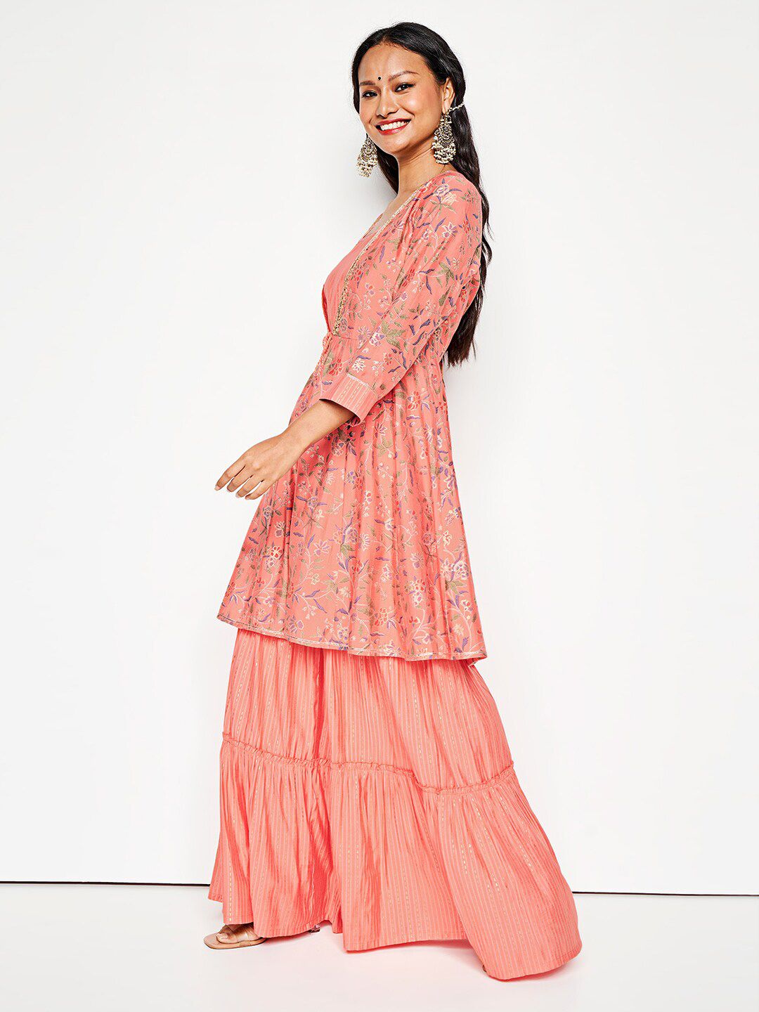 Global Desi Self-Design Top Shrug & Palazzos Co-Ords