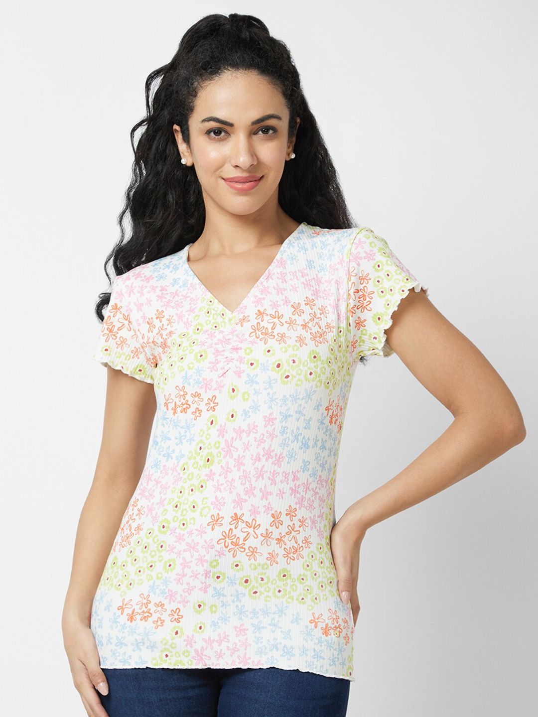SPYKAR Floral Printed V-Neck Slim Fit T-shirt