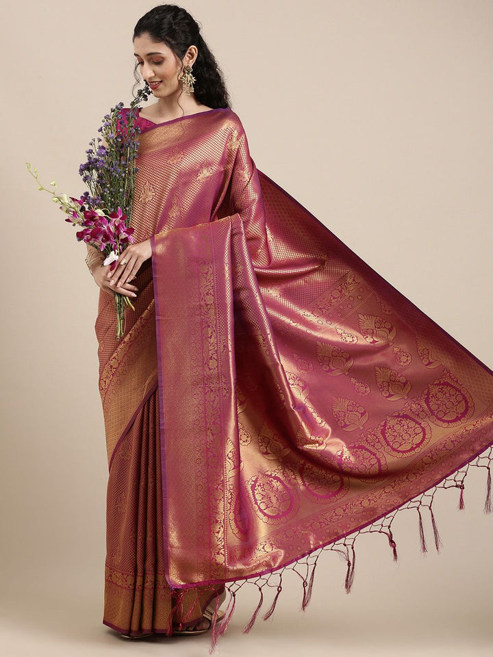 Saree mall Magenta Ethnic Motifs Zari Silk Blend Banarasi Sarees