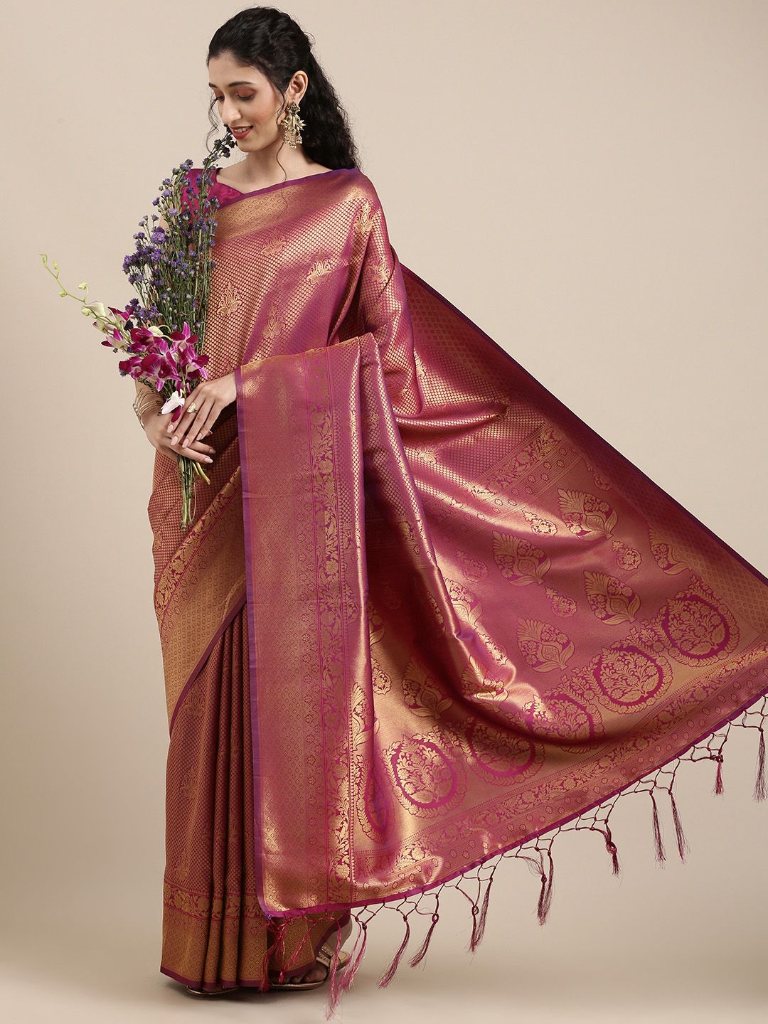 Saree mall Magenta Ethnic Motifs Zari Silk Blend Banarasi Sarees