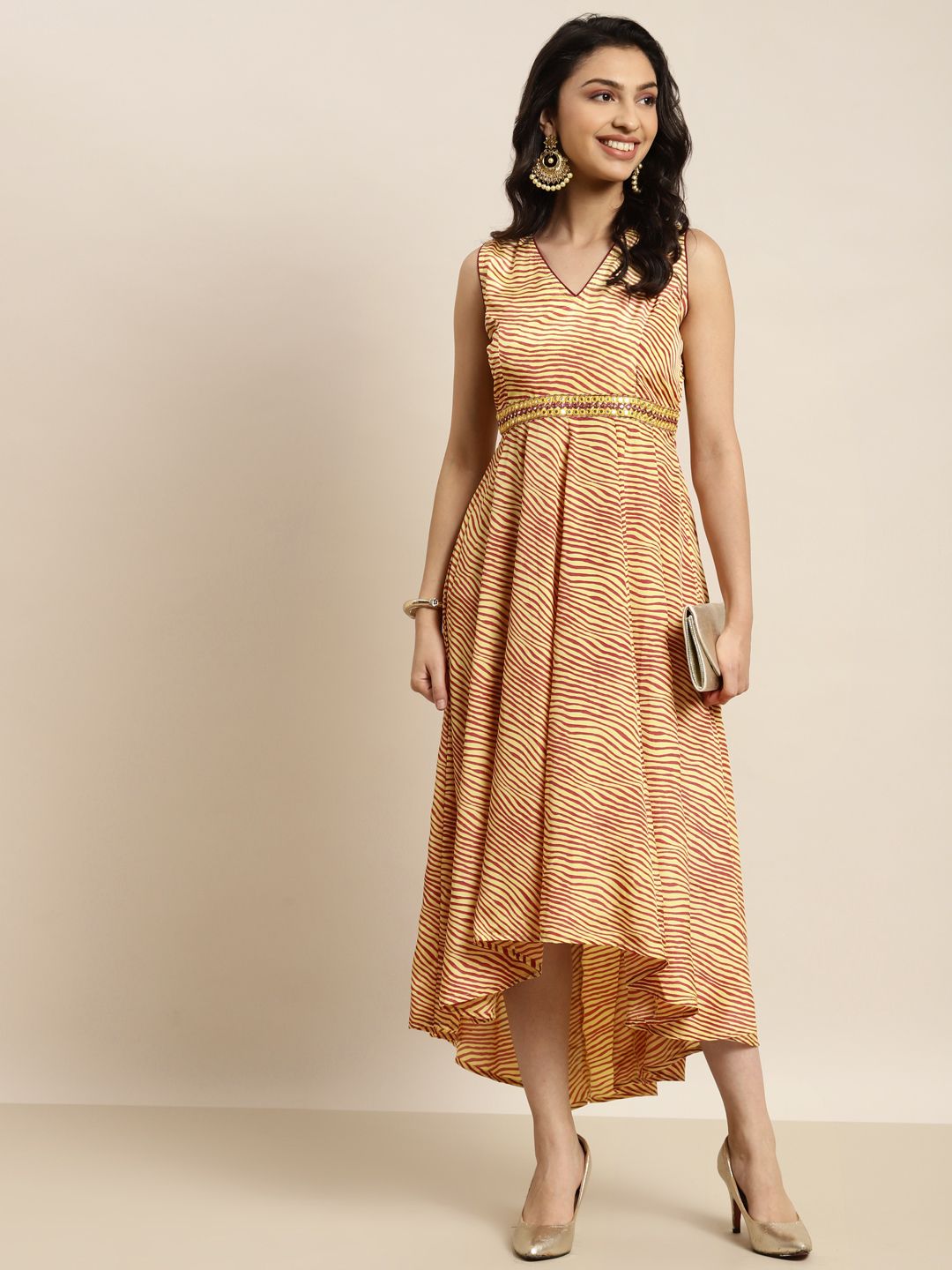 Shae by SASSAFRAS Mustard Yellow & Brown Lehariya High Low Crepe Anarkali Maxi Dress